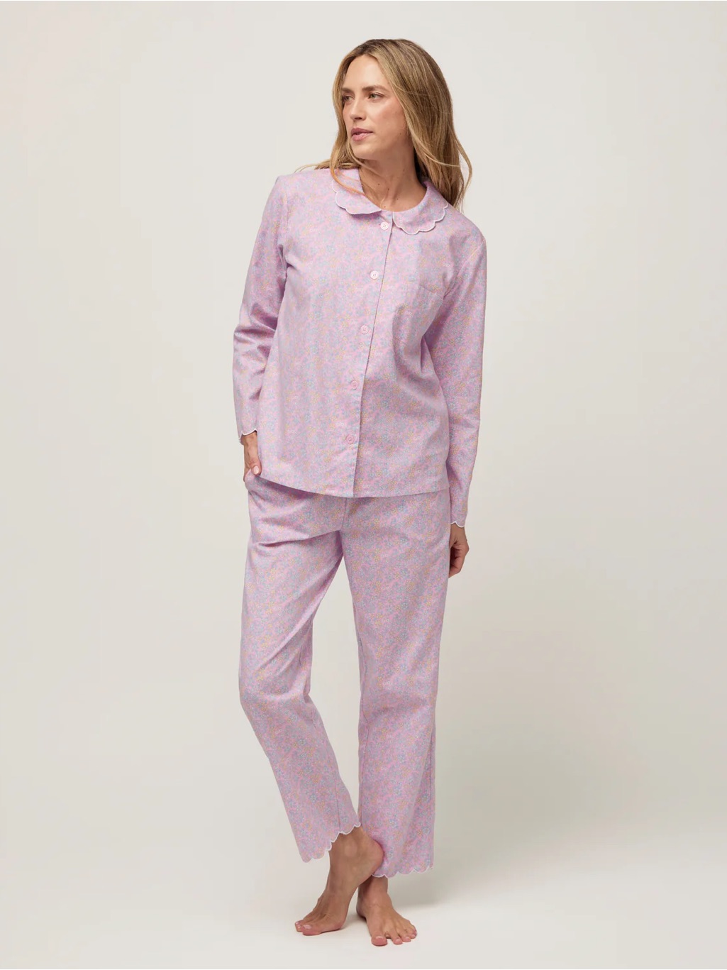 Euc Petite Plume Twill Colette Long Pajama Set In Fleur Blush